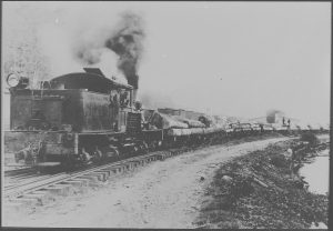 A train load of logs leaves Smokemont Mill in the Smokies circa 1920. Photo provided by GSMNP Archives.