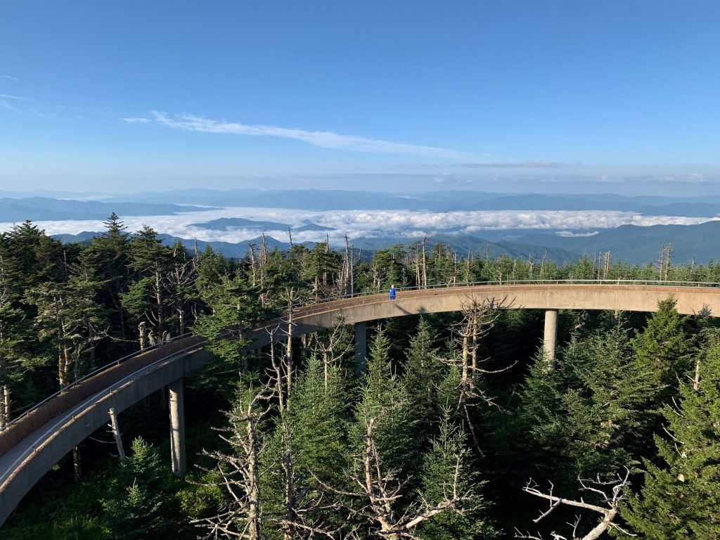 Kuwohi Tower, formerly known as Clingmans Dome Tower, was built in 1959 and underwent significant rehabilitation in 2017 and 2018. After climbing a ramp, visitors can take in views stretching as far as 100 miles over the surrounding mountains and valleys. Photo provided by Harry Cooke.