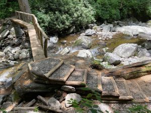 After a July 2022 flood washed away the original structures, trail crews rebuilt two footlog crossings that weren’t originally part of the project. Photo courtesy of National Park Service. 