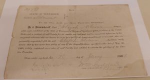 After the Civil War the Tennessee state legislature passed a law that in order to vote in elections a person had to be a male over the age of 21 and had to provide proof that they had in no way been connected to the Confederacy. This document issued to Oliver provided that proof. Provided by Sue Wasserman.