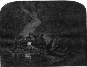 Although some still houses were proper cabins, the romantic image of the Smoky mountaineer huddled in some inaccessible ravine and tending to his crude hand-made still was a fairly accurate depiction of the moonshiner and his craft. "Illicit Distillation of Liquors--Southern Mode of Making Whiskey," Harper's Weekly, December 7, 1867.
