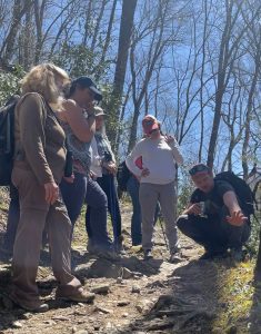 DLiA Director of Science and Research Will Kuhn stops to identify mosses, ferns, and wildflowers along a trail in Great Smoky Mountains National Park. Outings on the Great Smokies Eco-Adventure are designed to foster deeper understandings of the unique diversity of life found in the mountains, which have been designated as an International Biosphere Reserve. Photo by Jaimie Matzko.