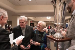 George Ellison and Janet McCue accept the Thomas Wolfe Memorial Award in 2019 for the book Back of Beyond: A Horace Kephart Biography. Photo by Quintin Ellison.