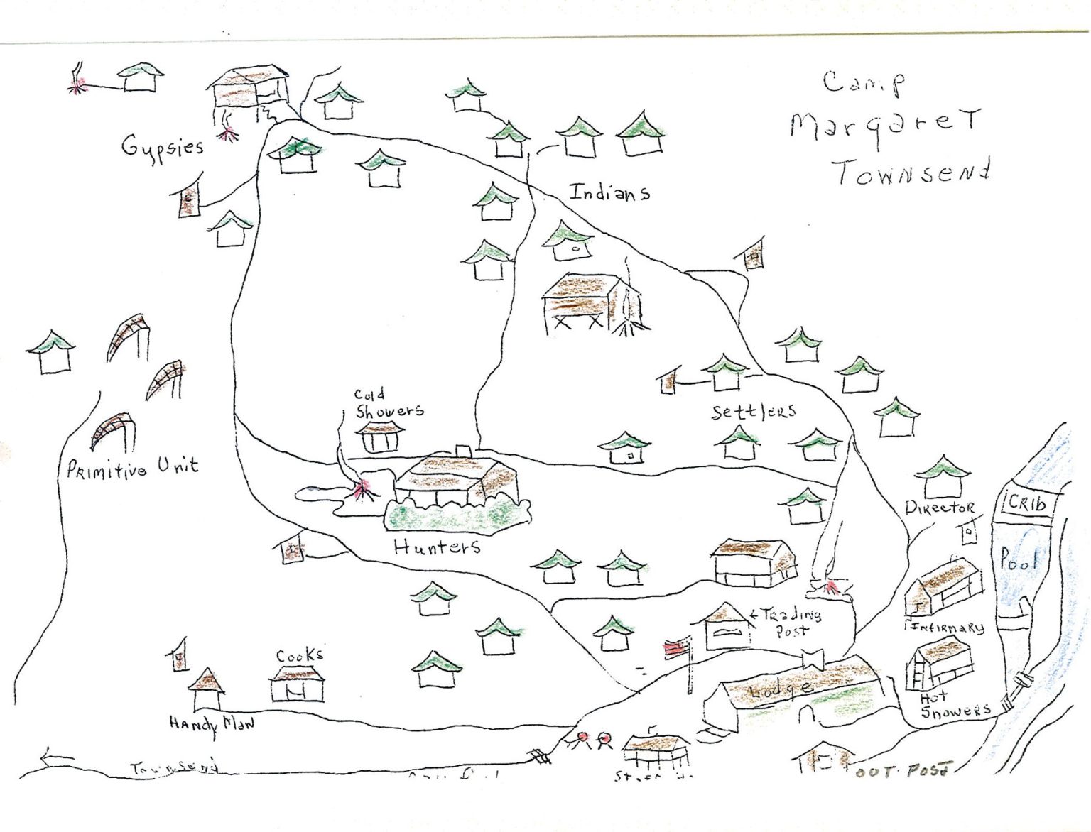 A hand drawn map of Camp Margaret Townsend, which operated in Walker Valley from 1925 to 1959. Courtesy of Jeremy Lloyd.