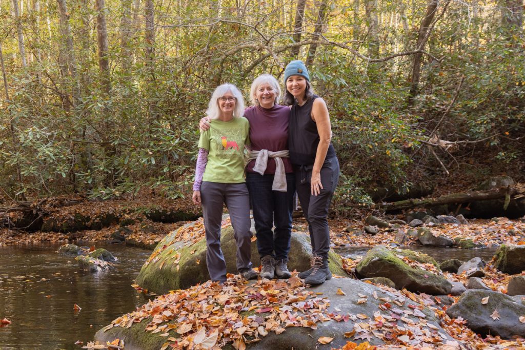 GSMA Creative Director Frances Figart, 2023 Tremont Writers Conference cohort and author Janet McCue, and Michele Sons on the Middle Prong Trail. Provided by Michele Sons.