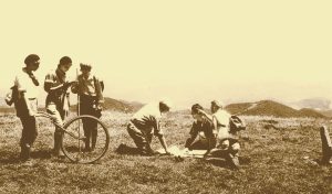 From left, Barbara Ambler Thorne, Jewell King, and other members of the Carolina Mountain Club use George Masa’s modified bicycle wheel to measure the Great Smoky Mountains. Masa was a founding member of the club and the club photographer until his death in 1933. Image by George Masa courtesy of Pack Memorial Library, North Carolina Collection. 