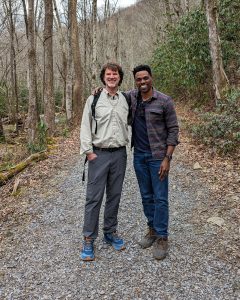 The 2024 Steve Kemp Writer in Residence Daron K. Roberts (right) stands with the residency’s namesake, who served as interpretive products and services director for Smokies Life until his retirement in 2017. Photo provided by Daron K. Roberts.