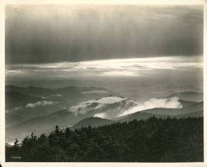 A George Masa photograph of a sunset as viewed from Mount Mitchell northeast of Asheville, NC. Photo courtesy of George Mason University Libraries, Special Collections Research Center, Appalachian Trail Conservancy Collection.