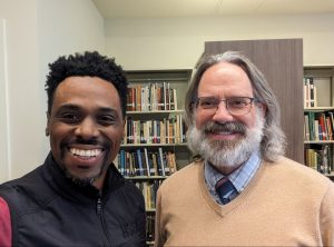 Park Librarian-Archivist Michael Aday (right) offered 2024 Steve Kemp Writer in Residence Daron K. Roberts critical assistance in accessing park records related to Roberts’ work-in-progress dealing with Job Corps workers during the 1960s. Photo provided by Daron K. Roberts.