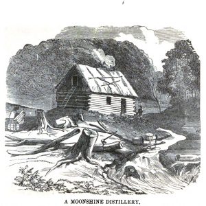 A typical moonshine distilling operation located near a soft-water stream as illustrated in the 1881 book “After the Moonshiners.” In the book, General Joseph A Cooper’s son William Cooper is quoted as saying, “Amarine was chief of the Smoky Mountain operators. . . . We were well aware of the fact that when we found him, we would have trouble.” Digitized image provided by Google Books. 