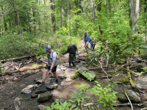 Will Kuhn, director of science and research for DLiA, leads the way for a group of spring 2023 Eco-Adventure participants. According to fellow guide Jaimie Matzko, Kuhn, an entomologist, possesses the unique ability to get anyone deeply interested in insects. Photo provided by DLiA. 