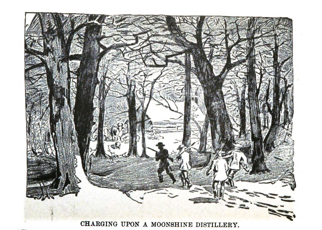 An illustration from the 1881 book “After the Moonshiners” depicts a raid on a secluded moonshining operation. Digitized image provided by Google Books.