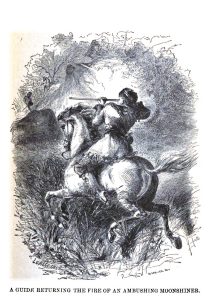 A mounted revenuer is caught in an ambush in this 1881 illustration from the book “After the Moonshiners.” Digitized image provided by Google Books.