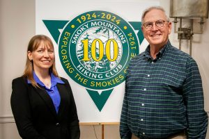 Christine Hoyer, longtime backcountry specialist for Great Smoky Mountains National Park (left), was a speaker at the Smoky Mountains Hiking Club’s Centennial Celebration October 5, as was Rev. Charles Maynard. Photo provided by Smoky Mountains Hiking Club.