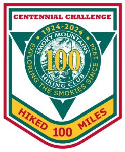 Hikers who complete all 100 miles of designated Centennial Challenge Hikes receive this commemorative Smoky Mountains Hiking Club patch. Image provided by Smoky Mountains Hiking Club. 