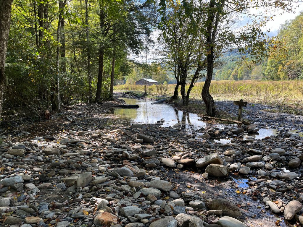 Cataloochee Valley is closed until further notice after flooding from Rough Creek Fork rendered Upper Cataloochee Valley Road undrivable. Photo provided by National Park Service.