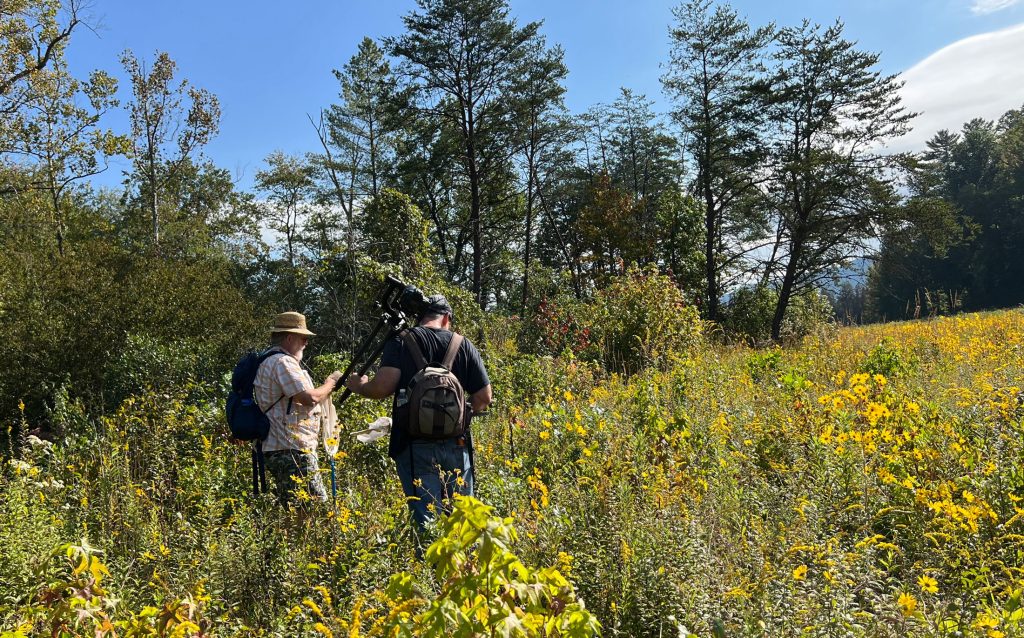 Doug Bruce (right) works with Keith Langdon, now-retired supervisory biologist at Great Smoky Mountains National Park, to document species in Cades Cove. Photo by Mindy Fawver.