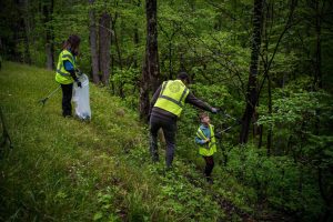 A young volunteer reaches for a piece of litter during the 2023 Spring Clean litter pickup in Great Smoky Mountains National Park. Photo courtesy of Save Our Smokies.