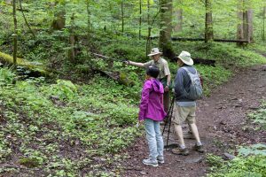 Tom Harrington discusses wildflowers with a pair of park visitors. Photo by Michele Sons.