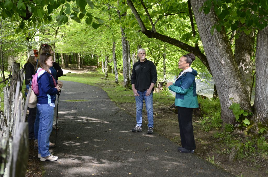 Smokies Life CEO Jacqueline Harp chats with Park Keepers during the CEO Stroll event she led Friday, May 9. Photo by Holly Kays, courtesy of Smokies Life.