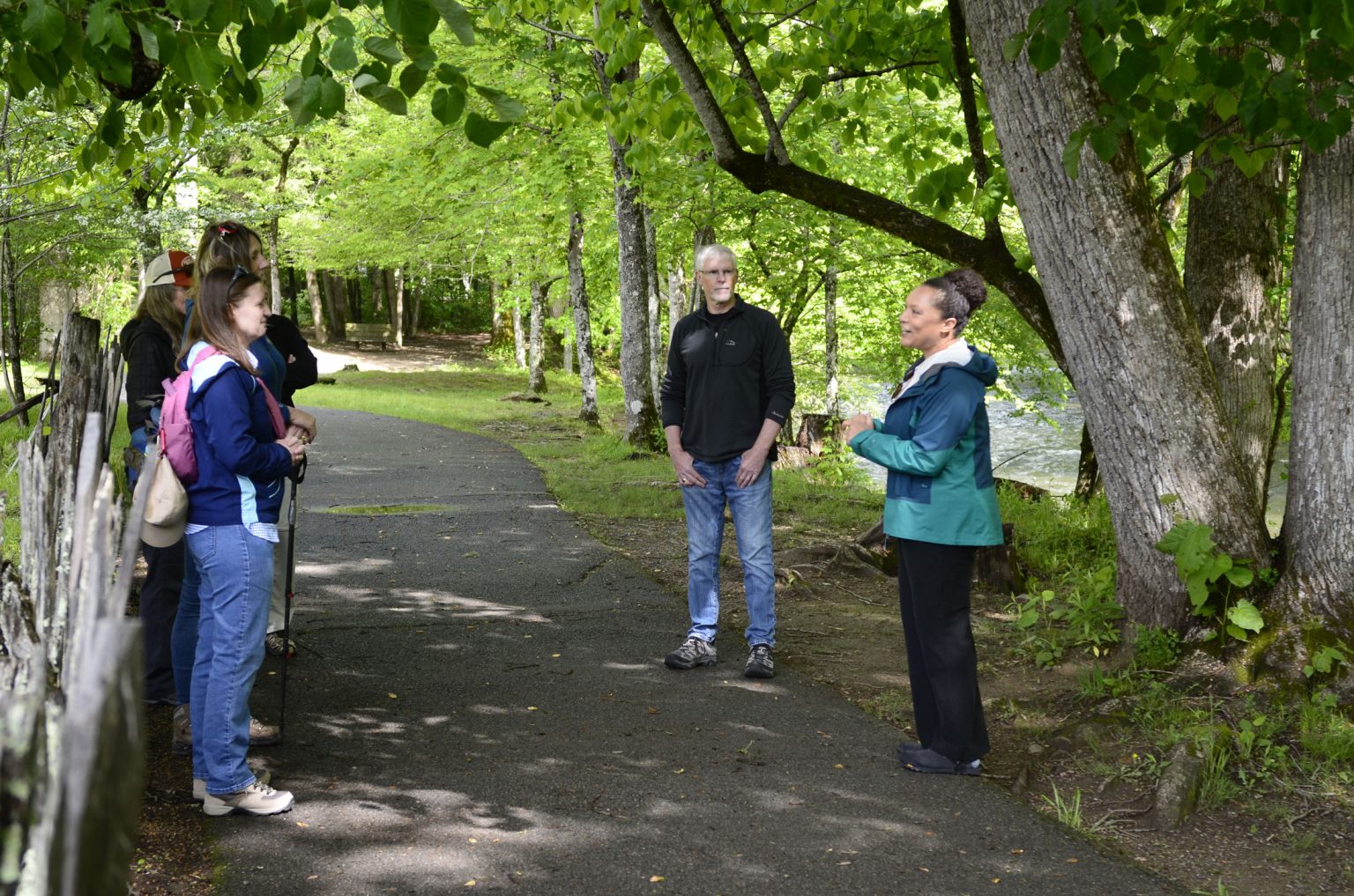 Smokies Life CEO Jacqueline Harp chats with Park Keepers during the CEO Stroll event she led Friday, May 9. Photo by Holly Kays, courtesy of Smokies Life.