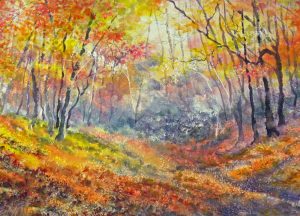 The watercolor painting “Again the Warmth” displays the vibrant colors of fall in the Smokies. Painting by Elizabeth Ellison.
