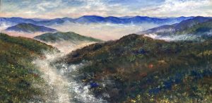 “Where Rivers Flow” celebrates the mountain landscape of Western North Carolina that has inspired so much of Elizabeth Ellison’s work. Painting by Elizabeth Ellison.