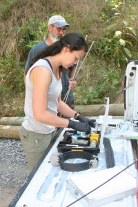 In preparation to observe immobilized bears, Jessica Giacomini organizes “workup” gear with research colleague Joe Clark (back). Photo by Sherri Clark.