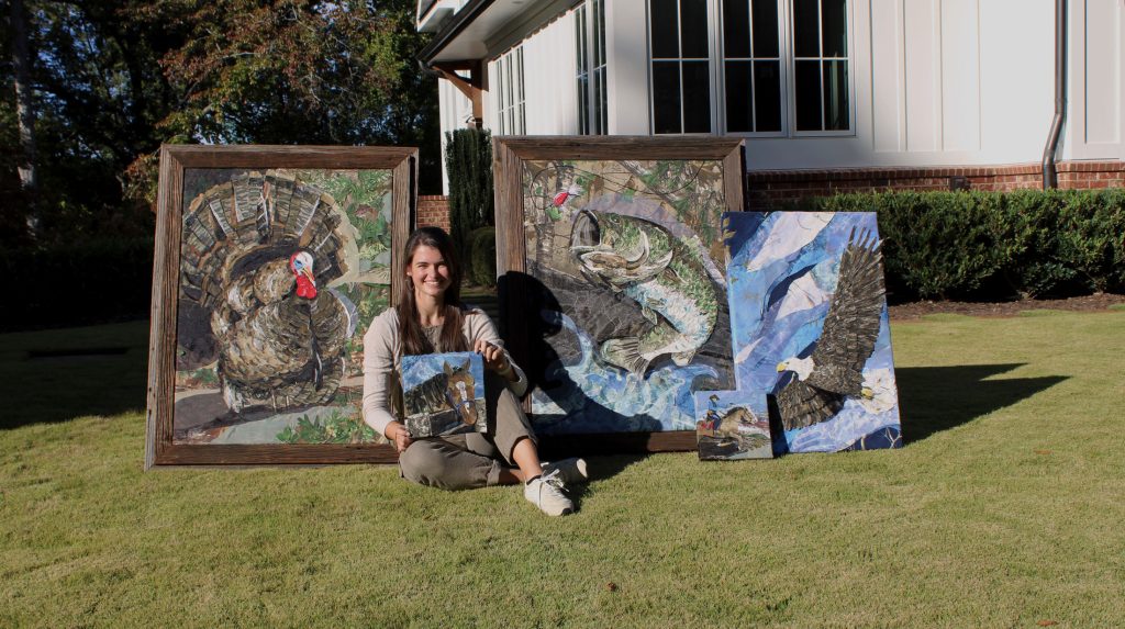 Claire Stovall displays some of her textile collage works depicting wildlife species native to the Southern Appalachians. Photo courtesy of Claire Stovall.