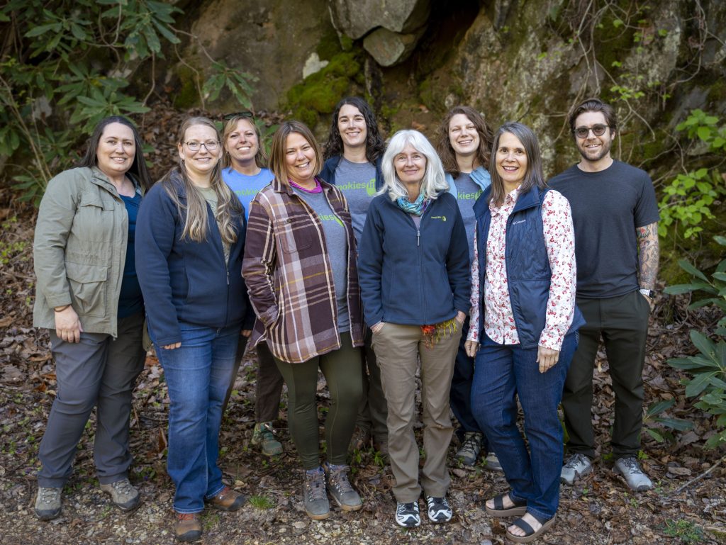 The Smokies Life Creative Team includes, from left to right, Videographer and Publications Associate Valerie Polk, Graphic Designer Miranda Bemis, Project Manager Keely Knopp (with Elly Wells Marketing), Design Team Manager Karen Key, Lead Writer Holly Kays, Creative Director Frances Figart, Graphic Designer Emma Oxford, Lead Editor Jennifer Fulford, and Videographer Robin Pyle.