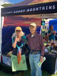 Smokies Life Creative Services Director Frances Figart meets Dan Pittillo in person for the first time in 2021 after friendly email communication about her “Word from the Smokies” columns. Photo by John P. Beaudet.