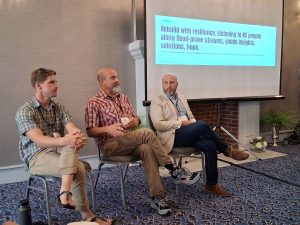 From left, Jack Henderson of MountainTrue, Jack Ingelman of Carolina Public Press, and Steven Hoy of Nantahala Outdoor Center discussed the impacts of Hurricane Helene on Western North Carolina and East Tennessee and the implications today on the outdoor recreation industry. 