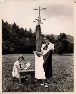 Two campers use a weather station devised by camp naturalist Alice Heap. Photo courtesy of Girl Scout Museum at Daisy’s Place. 