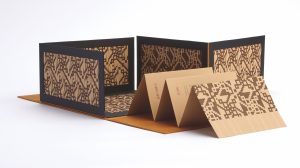 The artist book Ul’nigid’, published in 2019, launched Tafoya’s contemporary art career. It has a moveable structure that, when opened fully, mimics a basket. Inside the basket is an accordion-fold pamphlet with five letterpress-printed poems. Photo courtesy of Women’s Studio Workshop.