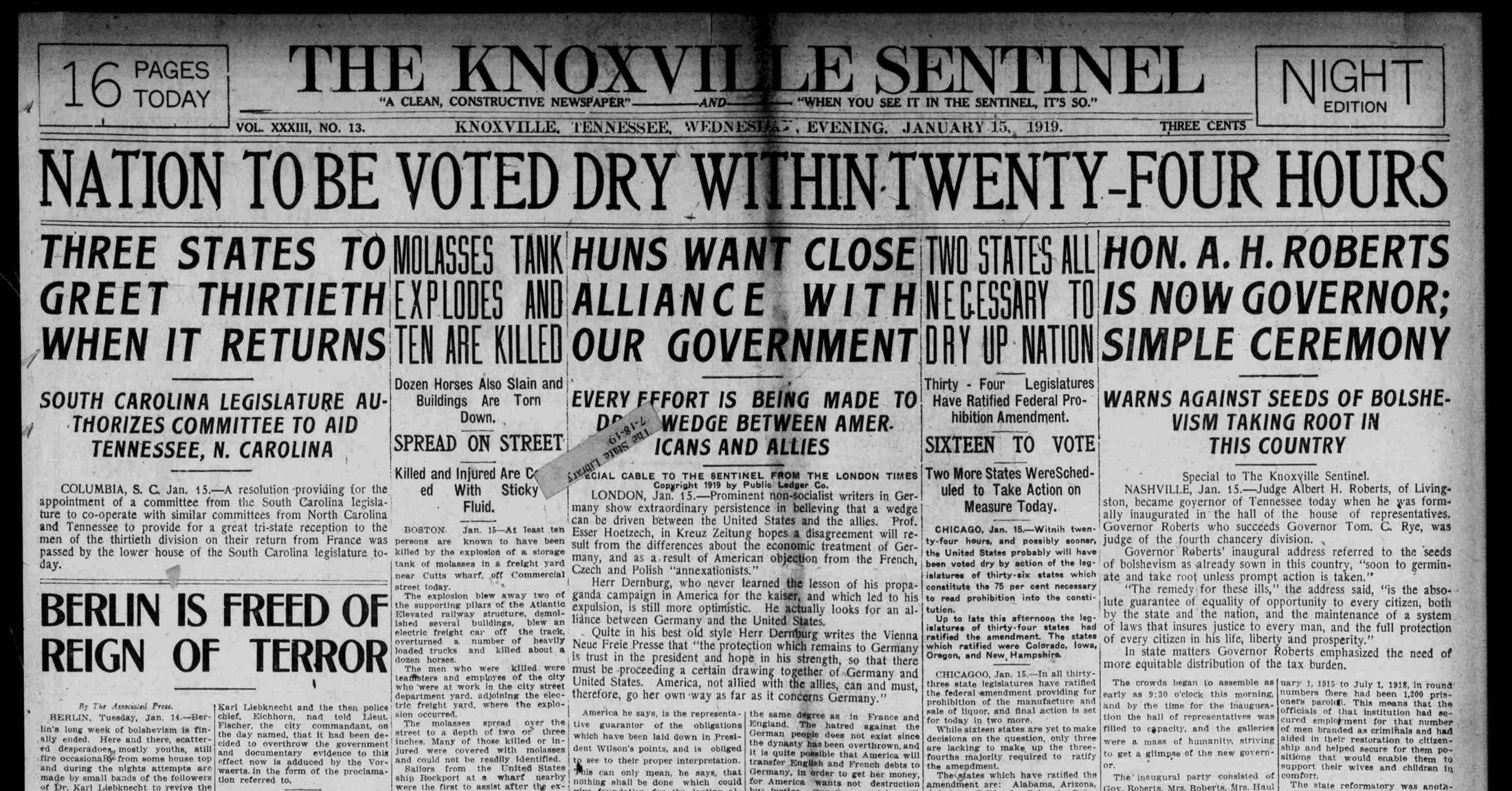 The front page of the Knoxville Sentinel from January 15, 1919.