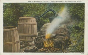 A postcard from the 1930s featuring a moonshine still.