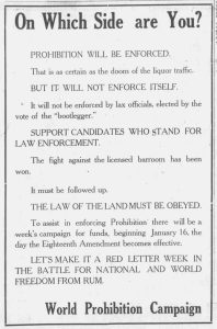 A newspaper ad from 1920 that encourages the enforcement of prohibition.
