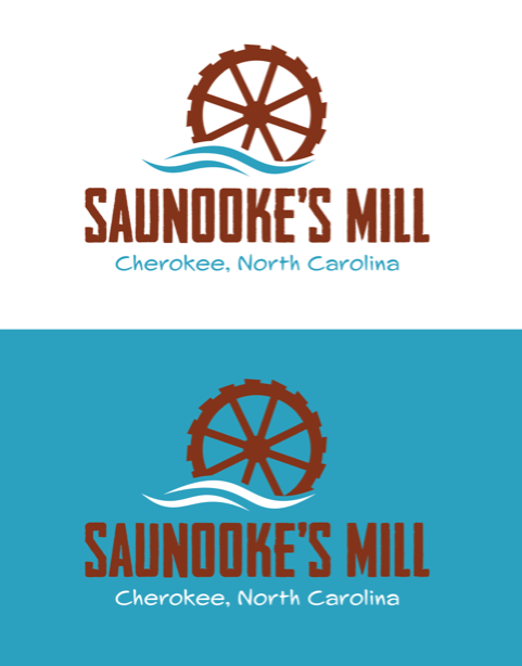 Logo for Saunooke Mill with text and waterwheel graphic
