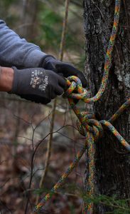 Gloved hands tie knots in a rope around a tree