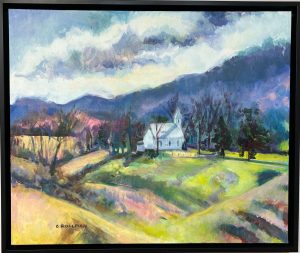 A colorful abstract painting of a white church in the middle of a field.