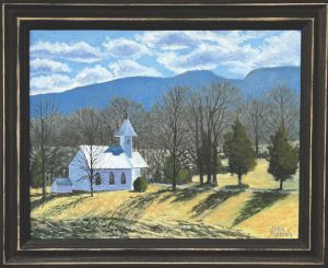 A landscape painting of a white church in the middle of field surrounded by trees.
