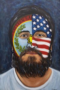Oil painting of a cherokee many with half his face painted with a cherokee flag and the other with an USA flag
