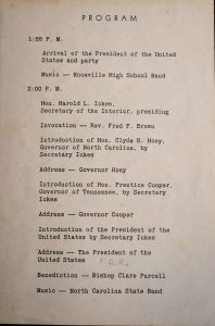 typed piece of paper showing the schedule for the dedication of Great Smoky Mountains National Park