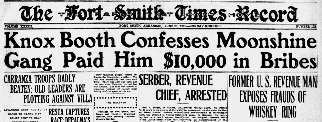 Newspaper clipping from 1915 of a headline that reads "Knox Booth Confesses Moonshine Gang Paid Him $10,000 in Bribes"