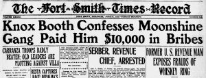 Newspaper clipping from 1915 of a headline that reads "Knox Booth Confesses Moonshine Gang Paid Him $10,000 in Bribes"