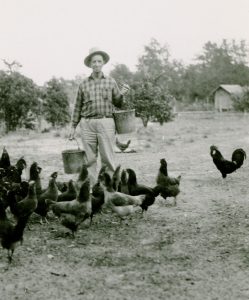 Black and white photo of a man in a plaid shirt holding a bucket surrounded by chickens