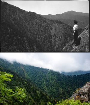 Claire Stovall hiked to Charlies Bunion three times in search of a clear view like the one Dutch Roth captured but still ended up with a cloud obscuring part of the vista. Photos by Dutch Roth, courtesy of GSMNP Archives (top), and Claire Stovall (bottom).