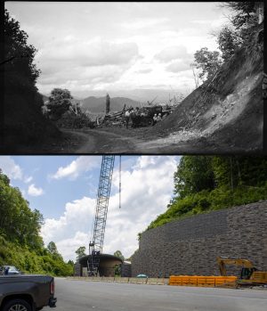 When Dutch Roth walked the Appalachian Trail at Stecoah Gap in 1927, outside the park boundary south of Fontana Lake, he took a photo of the new road then under construction. His descendent Claire Stovall had the opportunity to do the same when she returned to the site this summer, finding new construction underway. Photos by Dutch Roth, courtesy of GSMNP Archives (top), and Claire Stovall (bottom).