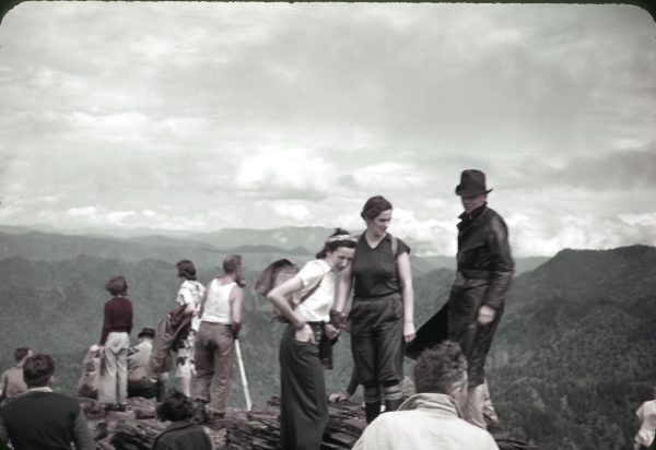 Members of the Smoky Mountains Hiking Club join visitors from Asheville and Waynesville to take in the view from Myrtle Point on Mount Le Conte during a June 18, 1939, hike. Photo provided by Roger Howell Collection, Calvin M. McClung Historical Collection, Knox County Public Library.