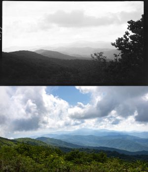 Despite nearly 100 years passing between their photographic journeys in the Smokies, Claire Stovall was surprised to see how much remained the same about the park’s trails, roads, and landmarks, such as in these shots of Thunderhead Mountain. Photos by Dutch Roth, courtesy of GSMNP Archives (top), and Claire Stovall (bottom).